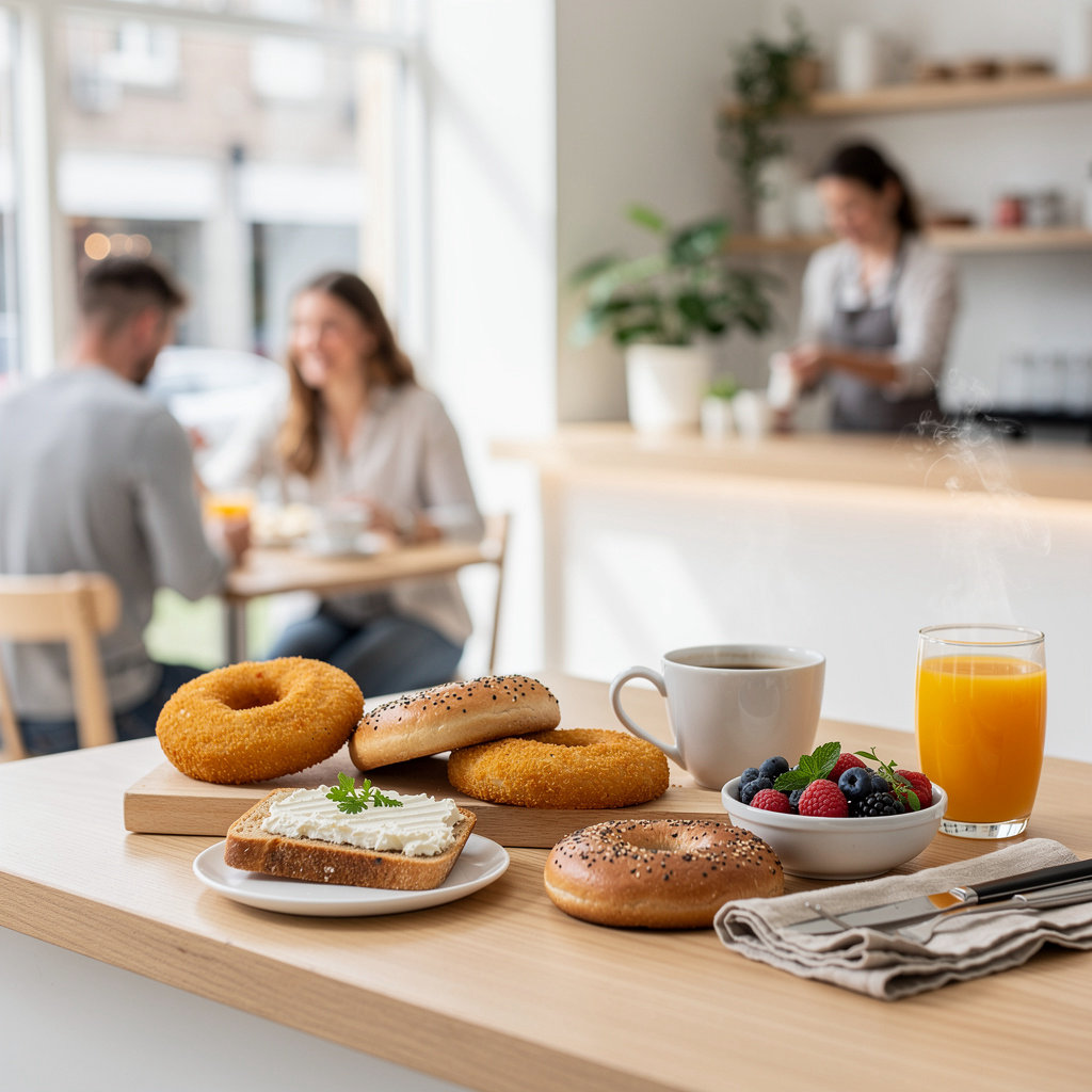 Spudnuts & Bagels fresh breakfast spread featuring bagels, spudnuts, and sandwiches in Santa Barbara