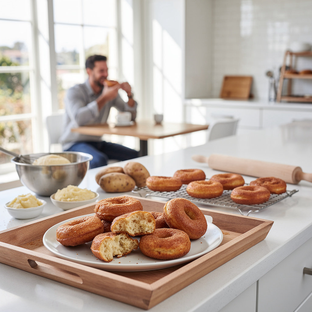 Freshly made spudnuts from Spudnuts & Bagels in Santa Barbara - unique potato-based donuts on display