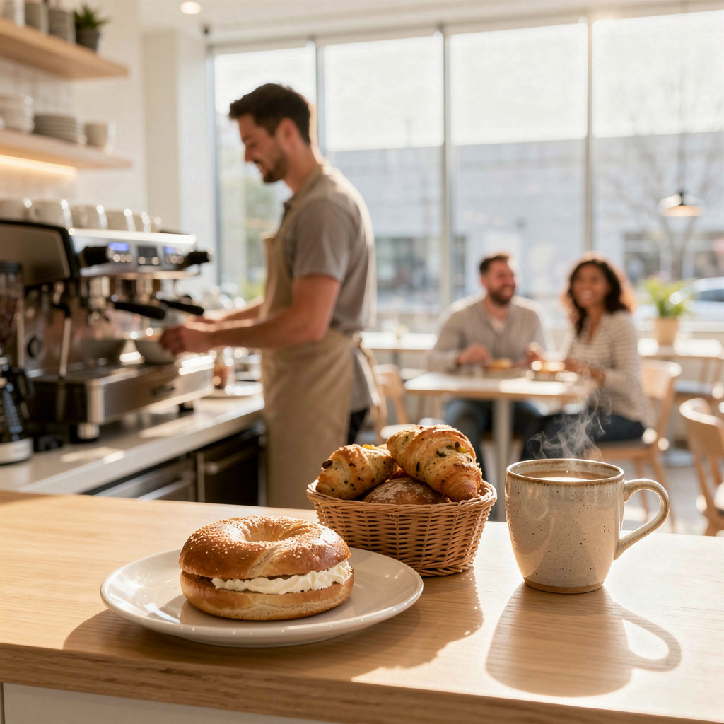 Spudnuts & Bagels fresh breakfast display showcasing our unique spudnuts and everything bagels in Santa Barbara